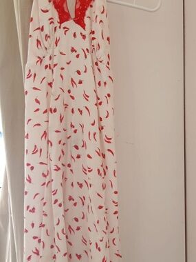 White Maxi Dress with Red Petal Print and Lace V-Neck